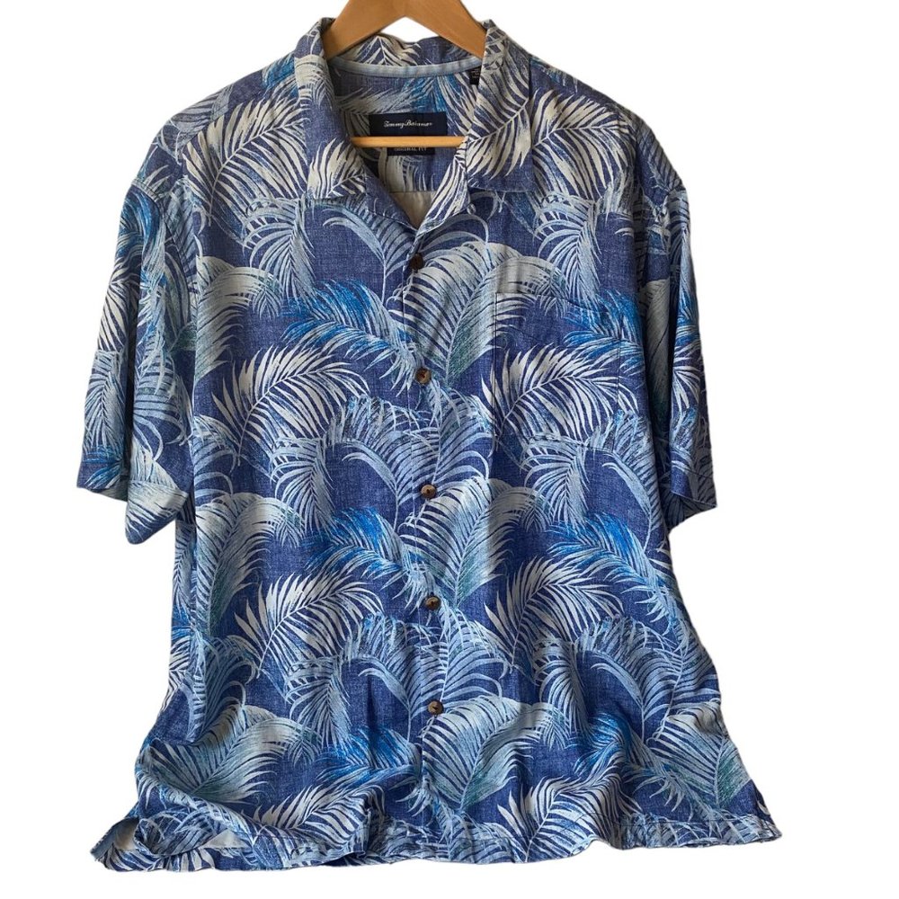 Tommy Bahama Mens XL Silk Tropical Palm Print Camp Shirt Blue Original Fit Aloha